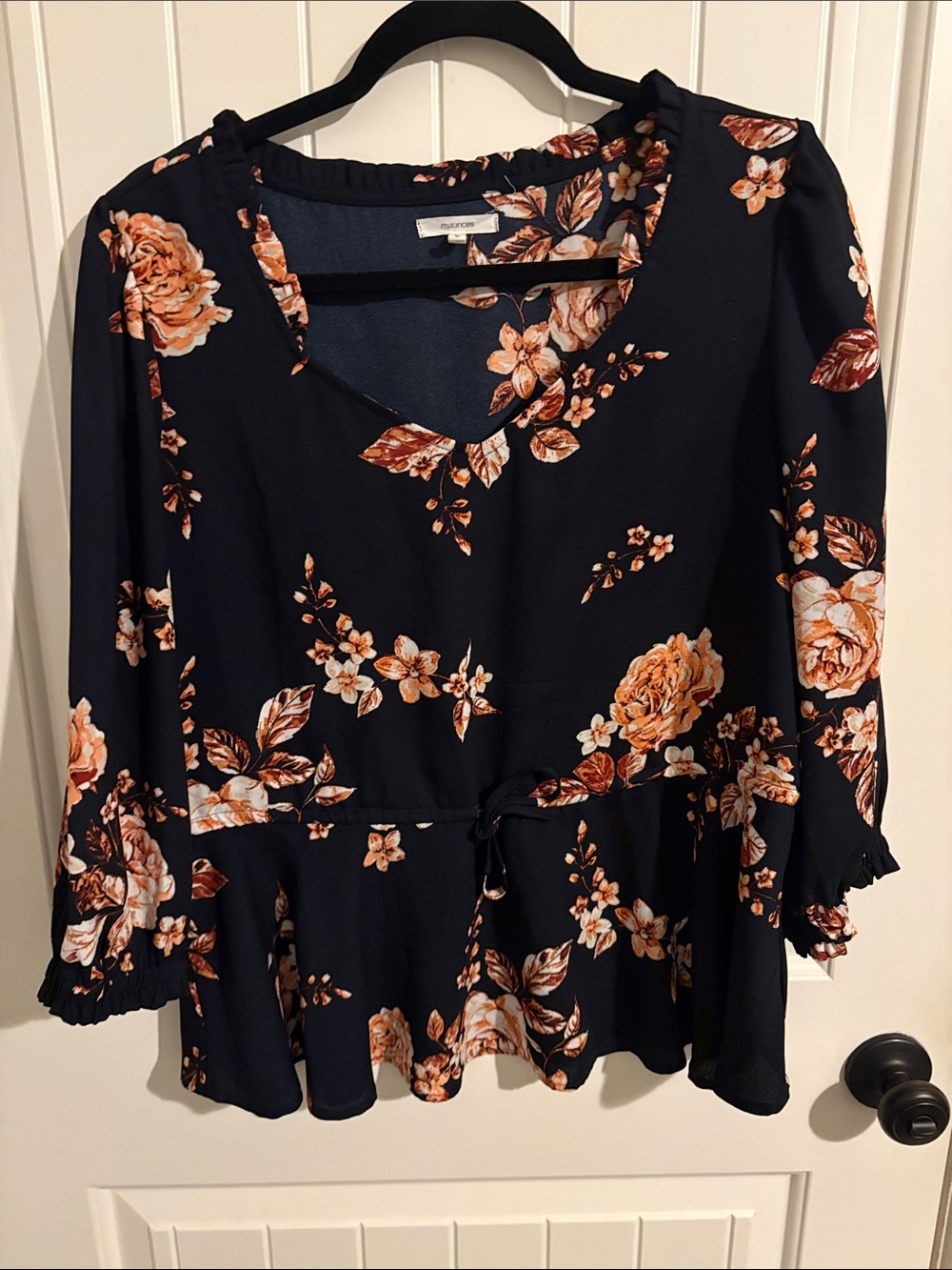 Maurices Navy Floral Tie-Waist Peplum Top